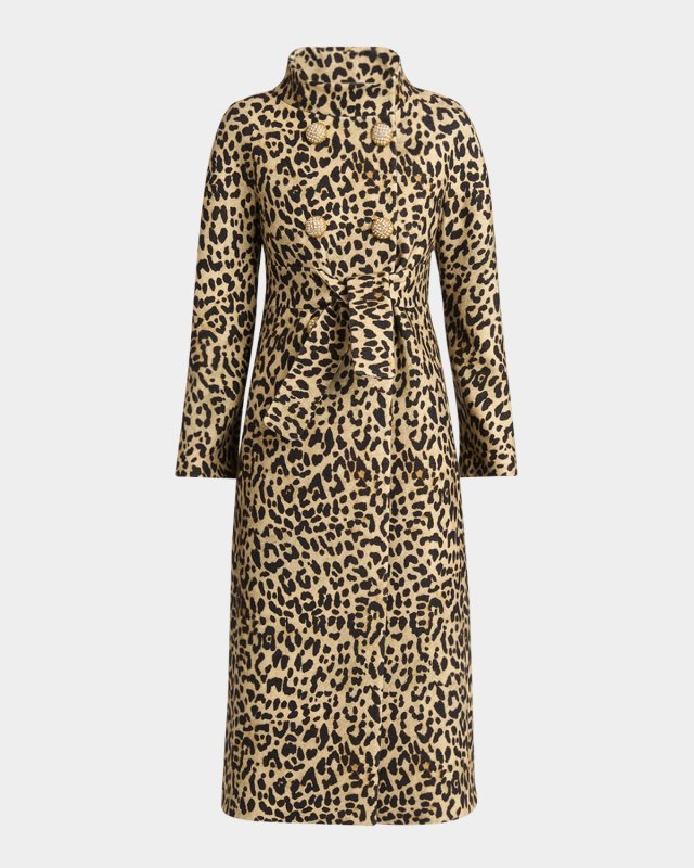 Leopard-Print Wool Double-Breasted Long Coat